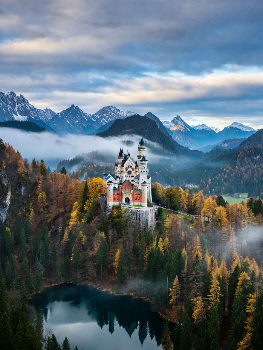 Bayerische Alpen — Neuschwanstein und Bergpanorama